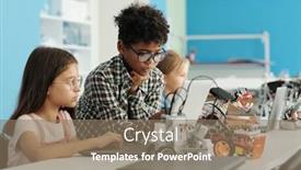  Presentation with classmates - Slide deck having two-cute-intercultural-classmates-looking background and a  colored foreground