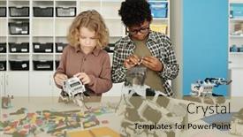  Presentation with school details - Theme featuring two-cute-intercultural-schoolboys-connecting background and a  colored foreground