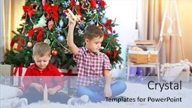  Presentation with plane - Amazing PPT theme having two cute small brothers playing with wooden plane on christmas tree background backdrop and a light blue colored foreground