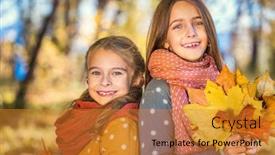  Presentation with friendship day - PPT theme featuring two cute smiling 8 years old girls posing together in a park on a sunny autumn day friendship concept background and a gold colored foreground