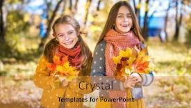  Presentation with friendship day - Slide deck enhanced with two cute smiling 8 years old girls posing together in a park on a sunny autumn day friendship concept background and a gold colored foreground
