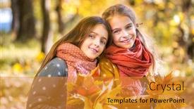  Presentation with friendship day - Slide set consisting of two cute smiling 8 years old girls posing together in a park on a sunny autumn day friendship concept background and a gold colored foreground