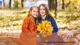  Presentation with friendship day - PPT theme with two cute smiling 8 years old girls posing together in a park on a sunny autumn day friendship concept background and a coral colored foreground
