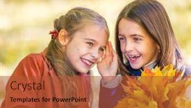  Presentation with friendship day - Cool new slide deck with two cute smiling 8 years old girls chatting in a park on a sunny autumn day friendship concept backdrop and a red colored foreground