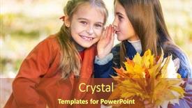  Presentation with friendship day - Presentation design consisting of two cute smiling 8 years old girls chatting in a park on a sunny autumn day friendship concept background and a tawny brown colored foreground