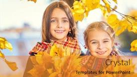  Presentation with friendship day - Colorful presentation design enhanced with two cute smiling 8 years old girls posing together in a park on a sunny autumn day friendship concept backdrop and a gold colored foreground