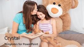  Presentation with children reading - Colorful presentation design enhanced with two cute smiling sisters reading and kissing in children room backdrop and a coral colored foreground