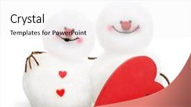 Presentation with snowmen - Slides enhanced with two cute snowmen in love hugging isolated on white background background and a white colored foreground