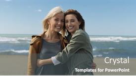  Presentation with walk - Presentation having two cute young women smiling and enjoying life on an autumn walk along the ocean background and a gray colored foreground