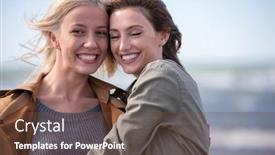  Presentation with walk - Colorful slide set enhanced with two cute young women smiling and enjoying life on an autumn walk along the ocean backdrop and a tawny brown colored foreground