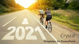  Presentation with 2021 - Cool new presentation with two-cyclist-is-moving-straight backdrop and a soft green colored foreground