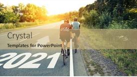  Presentation with cyclist - Presentation theme enhanced with two-cyclist-is-moving-straight background and a coral colored foreground