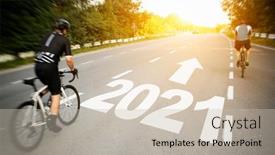  Presentation with 2021 - PPT theme consisting of two-cyclist-is-moving-straight background and a soft green colored foreground