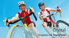  Presentation with racing - PPT layouts with two cyclists on racing bikes smiling at the camera seen from below background and a light blue colored foreground