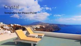  Presentation with greece blue - Beautiful slides featuring two deckchairs on the roof of the building on santorini island greece view on caldera and aegean sea sunny day blue sky backdrop and a light blue colored foreground