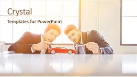  Presentation with car design - PPT theme with two designers discussing innovative car background and a cream colored foreground