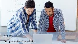  Presentation with task - Beautiful presentation theme featuring two designers looking at laptop display while discussing task or online data backdrop and a light blue colored foreground