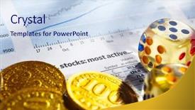  Presentation with stock exchange - Slide deck with two dices on stock data sheet with gold coins for a concept of risk on stock exchange background and a sky blue colored foreground