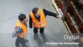  Presentation with wholesale - Amazing presentation having two dispatchers looking at shelf with goods for wholesale backdrop and a gray colored foreground