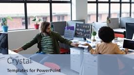  Presentation with diverse business people - Audience pleasing slide deck consisting of two-diverse-business-people-working backdrop and a light blue colored foreground