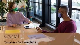  Presentation with diverse business people - PPT layouts enhanced with two-diverse-business-people-working background and a coral colored foreground