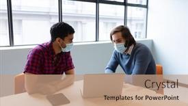  Presentation with face masks - Beautiful slide deck featuring two-diverse-businessmen-wearing-face backdrop and a coral colored foreground
