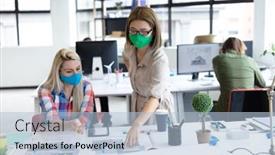  Presentation with face masks - PPT layouts with two-diverse-businesswomen-wearing-face background and a light blue colored foreground
