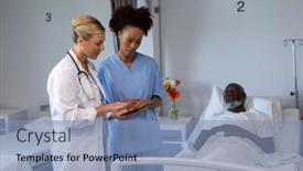  Presentation with african american patient - PPT theme enhanced with two-diverse-female-doctors-standing background and a light blue colored foreground