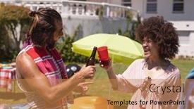  Presentation with summer party - Presentation theme with two-diverse-male-and-female background and a coral colored foreground
