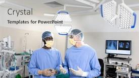  Presentation with medical teamwork - Slide deck consisting of two-diverse-male-surgeons-discussing background and a light gray colored foreground