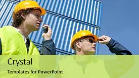  Presentation with walkie talkie - Beautiful presentation theme featuring two dock workers in safety backdrop and a yellow colored foreground