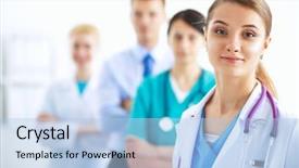  Presentation with doctor - Slide deck consisting of two doctors - woman doctor standing with stethoscope background and a  colored foreground