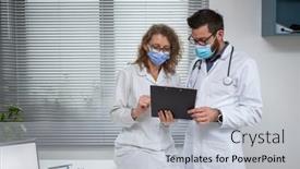  Presentation with diagnostics - PPT theme enhanced with two-doctors-discussing-diagnostics-team background and a light gray colored foreground