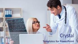  Presentation with diagnosis - Amazing presentation theme having two doctors examining x-ray backdrop and a sky blue colored foreground