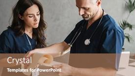  Presentation with test - Beautiful presentation theme featuring two-doctors-in-medical-uniforms backdrop and a coral colored foreground