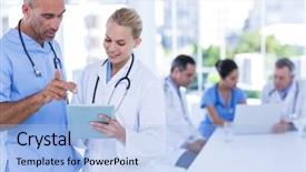  Presentation with medical clipboard - Presentation design consisting of two doctors looking at clipboard background and a light blue colored foreground