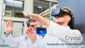  Presentation with virtual - Colorful slide set enhanced with two-doctors-or-researchers-train backdrop and a light blue colored foreground