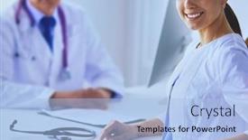  Presentation with consulting - PPT theme having two-doctors-smiling-in-consulting background and a light blue colored foreground