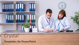  Presentation with doctor in hospital health insurance related icons healthcare person saving medical - Audience pleasing PPT layouts consisting of two-doctors-working backdrop and a coral colored foreground