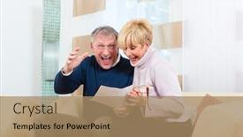  Presentation with prize - Colorful slide deck enhanced with two elderly people have received a letter maybe they have won the first prize and its a winning notification backdrop and a coral colored foreground