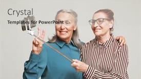  Presentation with tehnology - Presentation design enhanced with two-elderly-women-friends-taking background and a light gray colored foreground