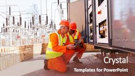  Presentation with substation - Presentation design enhanced with two electrical engineers discussing work background and a tawny brown colored foreground