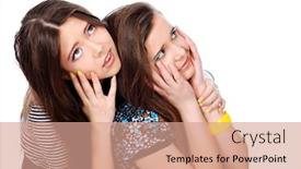  Presentation with teenagers - PPT layouts enhanced with two emotional girls teenagers isolated over white background background and a coral colored foreground
