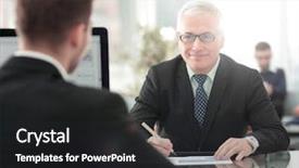  Presentation with data meeting - Theme featuring two employees discussing electronic data at meeting background and a dark gray colored foreground