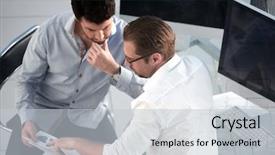  Presentation with data - Audience pleasing PPT layouts consisting of 2 opinions - two employees discussing financial data backdrop and a light gray colored foreground