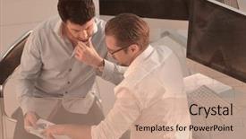  Presentation with employees - Colorful PPT layouts enhanced with 2 opinions - two employees discussing financial data backdrop and a coral colored foreground