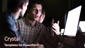  Presentation with employees images - Presentation theme with two employees discussing work matter background and a wine colored foreground