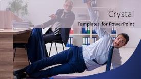  Presentation with physical exercises - Cool new slide deck with two-employees-doing-physical-exercises backdrop and a light gray colored foreground
