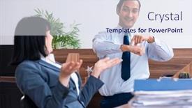  Presentation with employees - PPT layouts featuring two-employees-doing-sport-exercises background and a sky blue colored foreground