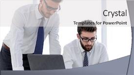  Presentation with solving - Slide deck with two employees solving business problems background and a light gray colored foreground